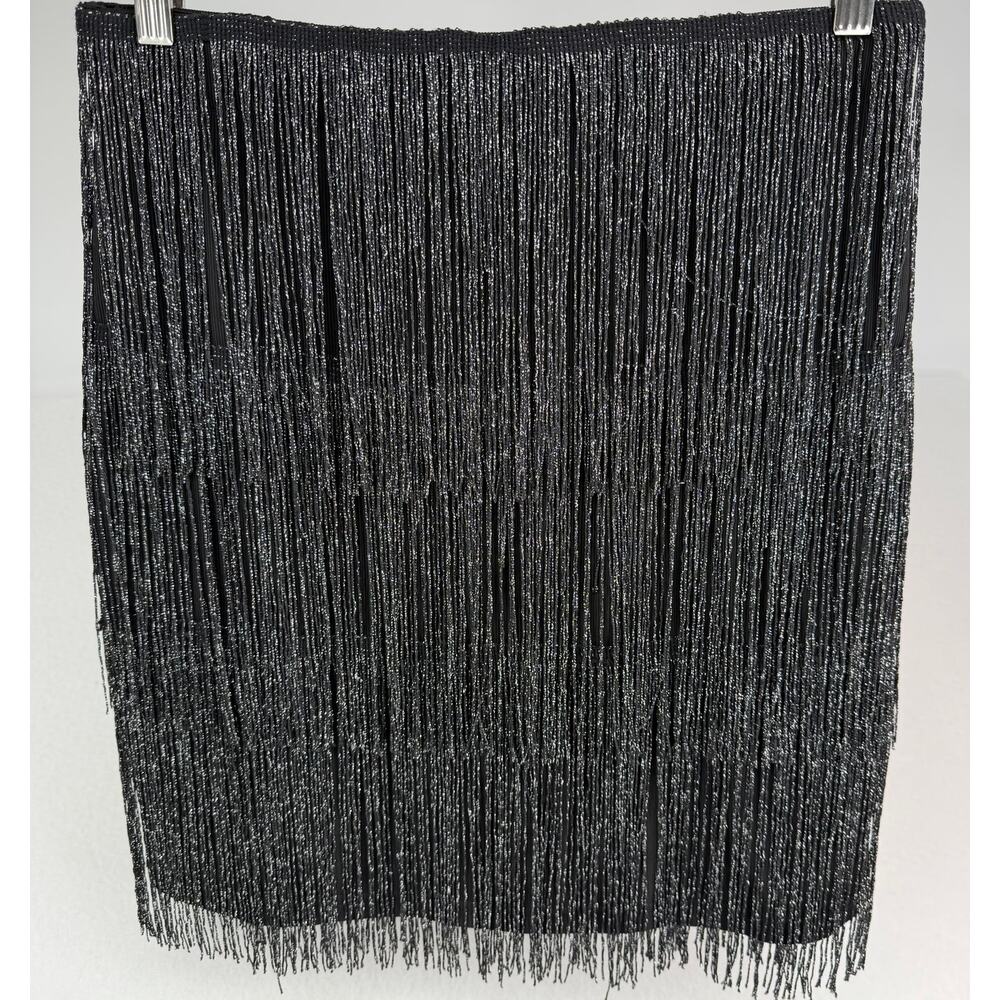 Maner Black Fringe Stretchy Sparkly Bodycon Tassel Trim Mini Party Skirt L NWT